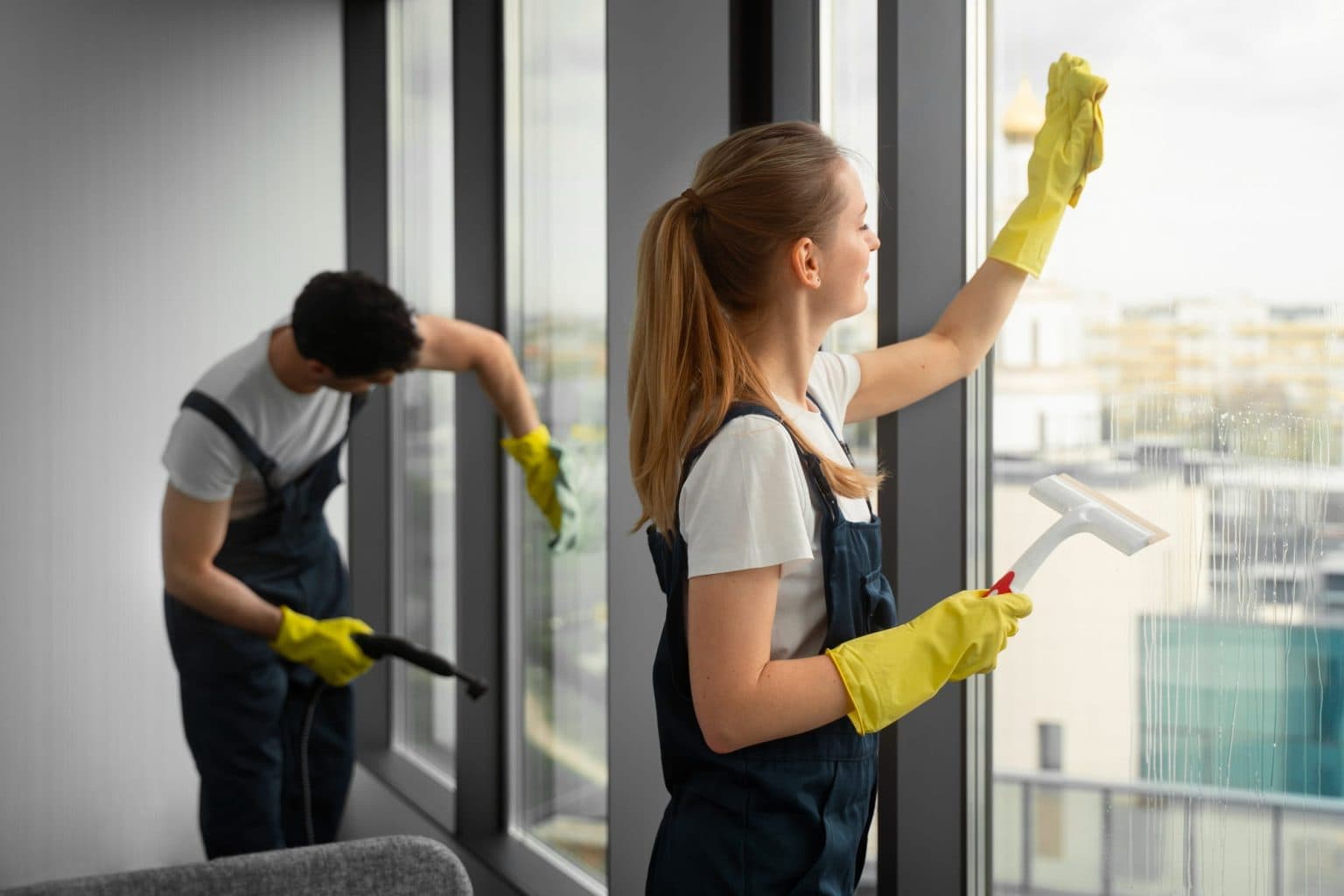 Professional cleaner wiping kitchen counter with cloth